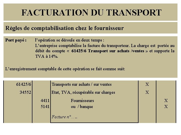 FACTURATION DU TRANSPORT Règles de comptabilisation chez le fournisseur Port payé : l’opération se