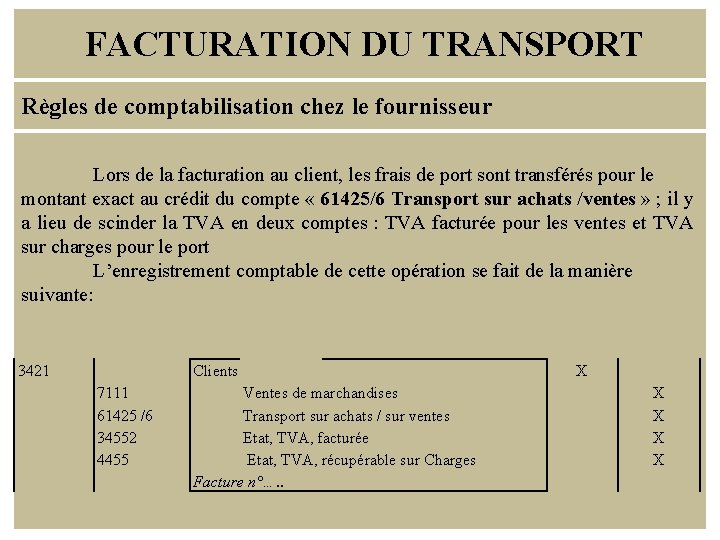 FACTURATION DU TRANSPORT Règles de comptabilisation chez le fournisseur Lors de la facturation au