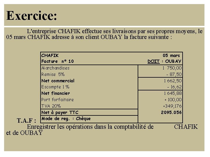 Exercice: L'entreprise CHAFIK effectue ses livraisons par ses propres moyens, le 05 mars CHAFIK