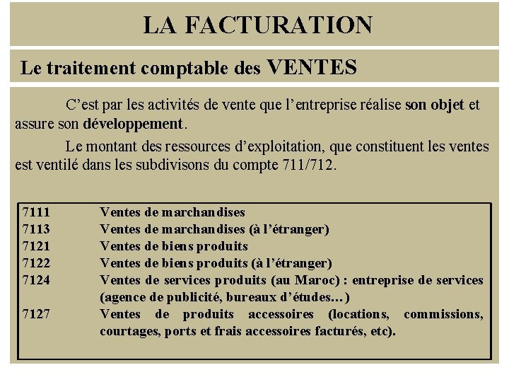 LA FACTURATION Le traitement comptable des VENTES C’est par les activités de vente que