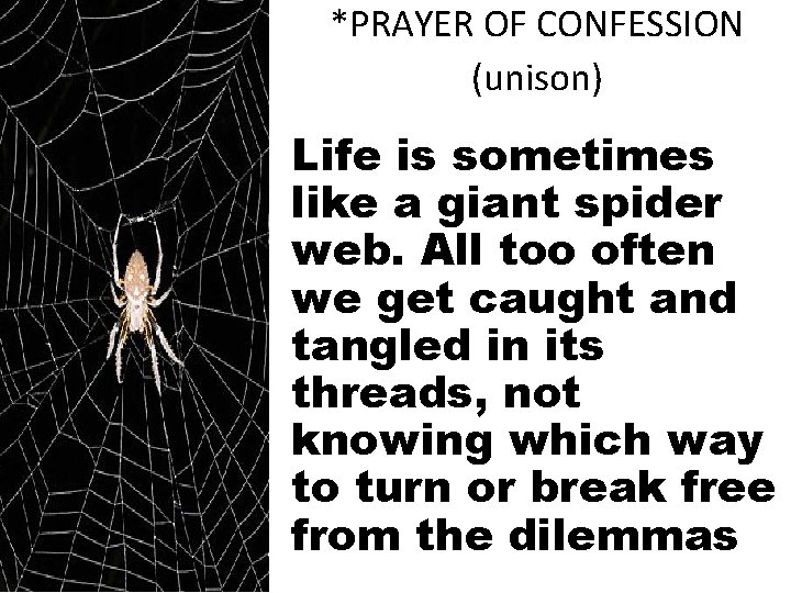 *PRAYER OF CONFESSION (unison) Life is sometimes like a giant spider web. All too