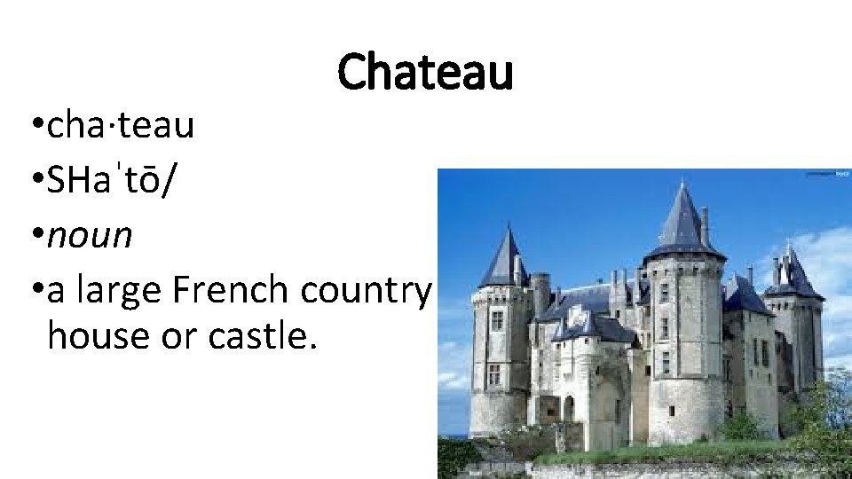 Chateau • cha·teau • SHaˈtō/ • noun • a large French country house or