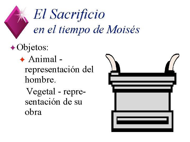 El Sacrificio en el tiempo de Moisés ✦Objetos: Animal representación del hombre. ✦Vegetal -