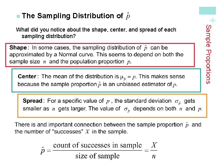 Sampling Distribution of Sample Proportions What did you notice about the shape, center, and