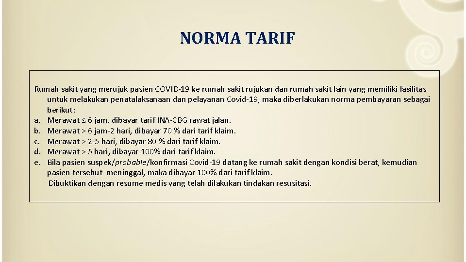 NORMA TARIF Rumah sakit yang merujuk pasien COVID-19 ke rumah sakit rujukan dan rumah