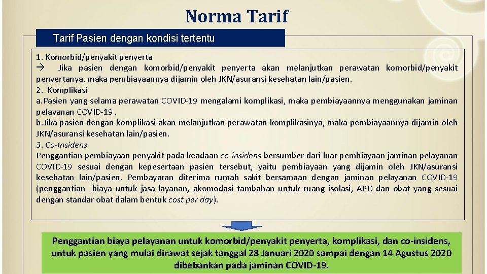 Norma Tarif Pasien dengan kondisi tertentu 1. Komorbid/penyakit penyerta Jika pasien dengan komorbid/penyakit penyerta