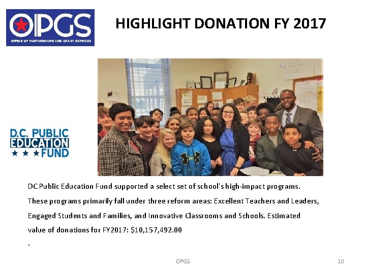 HIGHLIGHT DONATION FY 2017 DC Public Education Fund supported a select set of school's