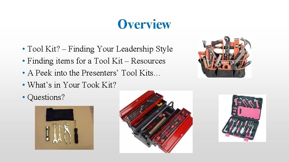 Overview • Tool Kit? – Finding Your Leadership Style • Finding items for a