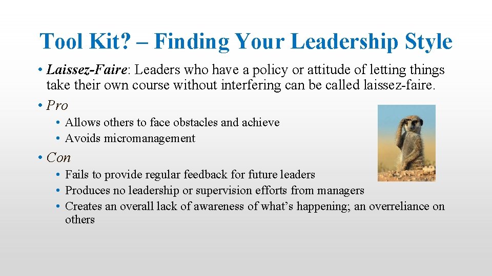 Tool Kit? – Finding Your Leadership Style • Laissez-Faire: Leaders who have a policy