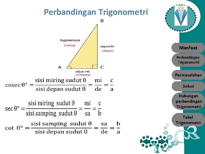 Perbandingan Trigonometri Manfaat Perbandingan Trigonometri Permasalahan Solusi Hubungan perbandingan Trigonometri Tabel Trigonometri 