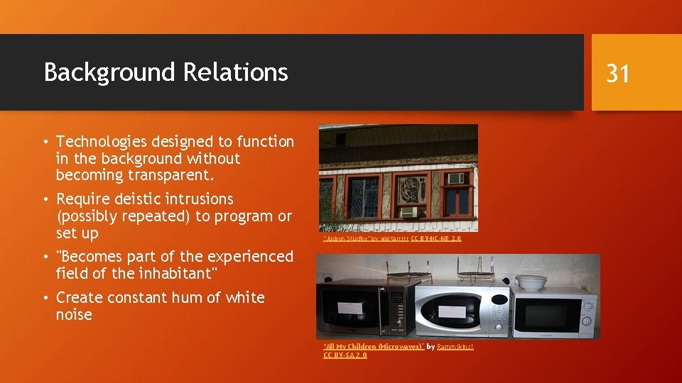 Background Relations 31 • Technologies designed to function in the background without becoming transparent.