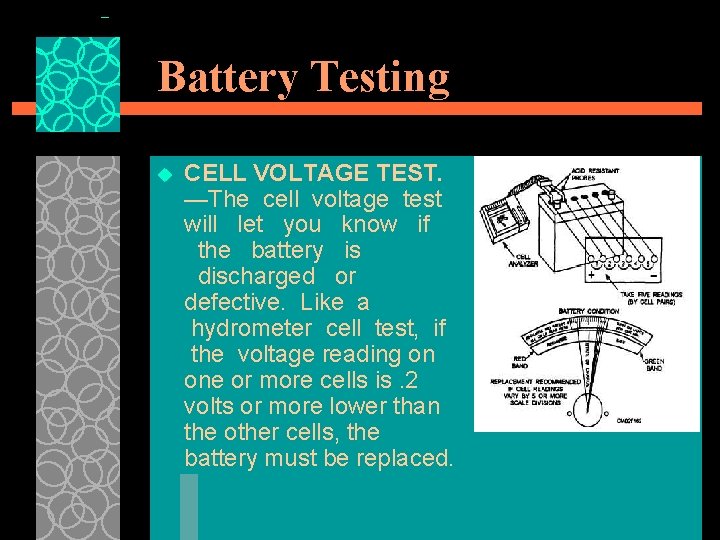 Battery Testing u CELL VOLTAGE TEST. —The cell voltage test will let you know