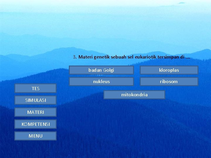 3. Materi genetik sebuah sel eukariotik tersimpan di …. TES SIMULASI MATERI KOMPETENSI MENU