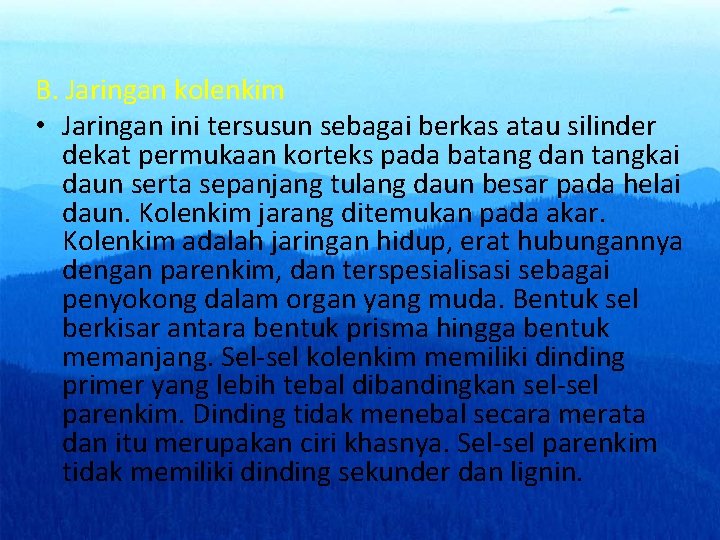 B. Jaringan kolenkim • Jaringan ini tersusun sebagai berkas atau silinder dekat permukaan korteks