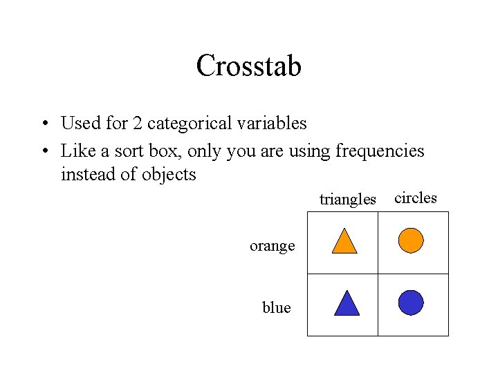 Crosstab • Used for 2 categorical variables • Like a sort box, only you