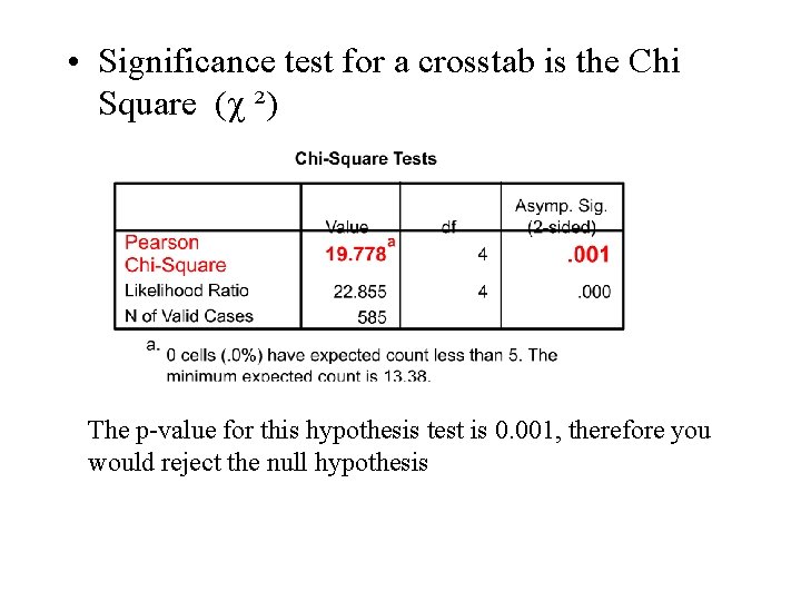  • Significance test for a crosstab is the Chi Square ( ²) The