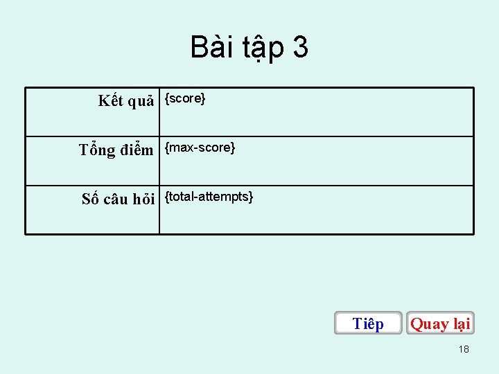 Bài tập 3 Kết quả {score} Tổng điểm {max score} Số câu hỏi {total