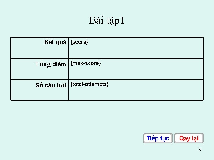 Bài tập 1 Kết quả {score} Tổng điểm {max score} Số câu hỏi {total