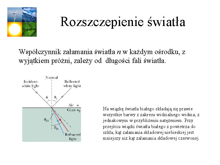 Rozszczepienie światła Współczynnik załamania światła n w każdym ośrodku, z wyjątkiem próżni, zależy od