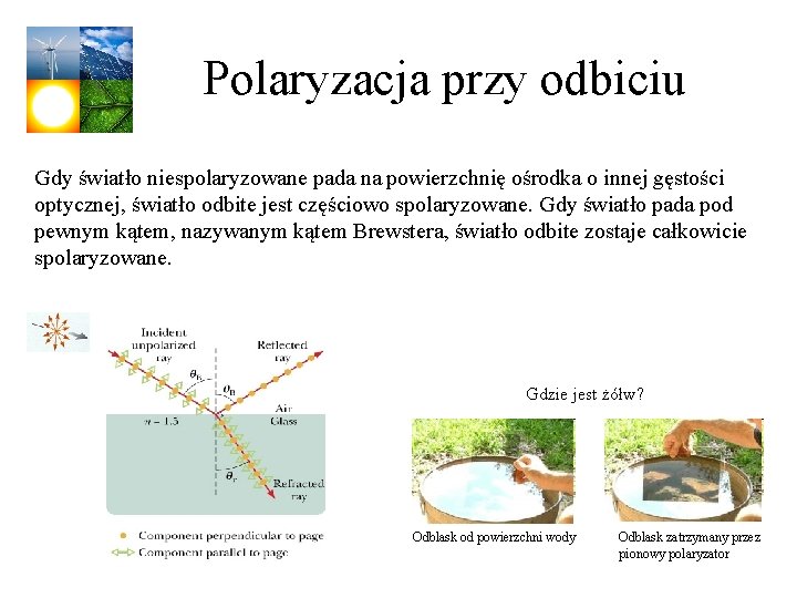 Polaryzacja przy odbiciu Gdy światło niespolaryzowane pada na powierzchnię ośrodka o innej gęstości optycznej,