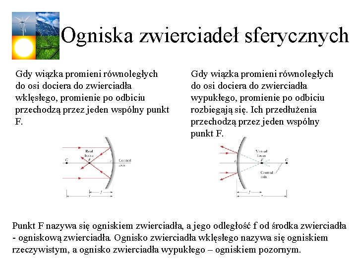 Ogniska zwierciadeł sferycznych Gdy wiązka promieni równoległych do osi dociera do zwierciadła wklęsłego, promienie