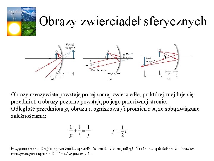 Obrazy zwierciadeł sferycznych Obrazy rzeczywiste powstają po tej samej zwierciadła, po której znajduje się