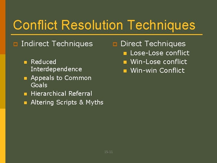 Conflict Resolution Techniques p Indirect Techniques p Direct Techniques n n n Reduced Interdependence