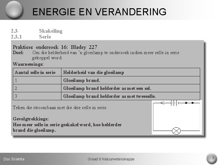 ENERGIE EN VERANDERING 2. 3. 1 Skakeling Serie Praktiese ondersoek 16: Bladsy 227 Doel: