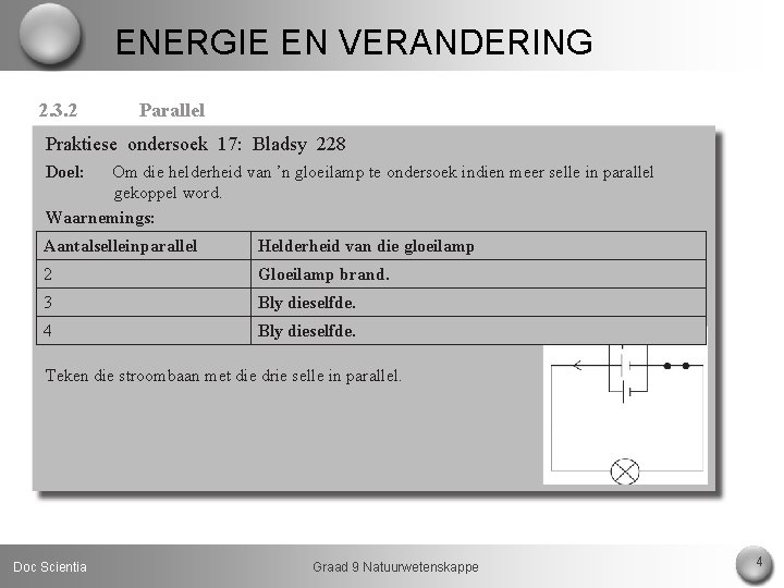 ENERGIE EN VERANDERING 2. 3. 2 Parallel Praktiese ondersoek 17: Bladsy 228 Doel: Om