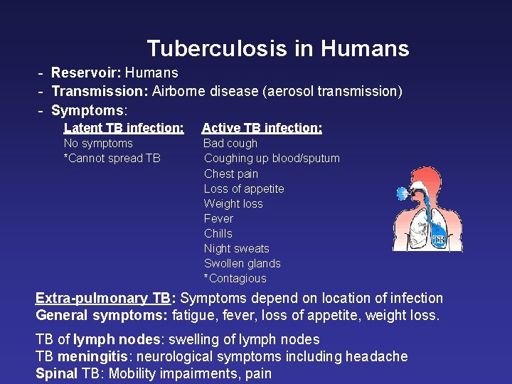 Tuberculosis in Humans - Reservoir: Humans - Transmission: Airborne disease (aerosol transmission) - Symptoms: