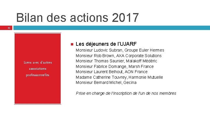 Bilan des actions 2017 10 Liens avec d’autres associations professionnelles Les déjeuners de l’UJARF