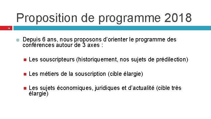 Proposition de programme 2018 14 Depuis 6 ans, nous proposons d’orienter le programme des