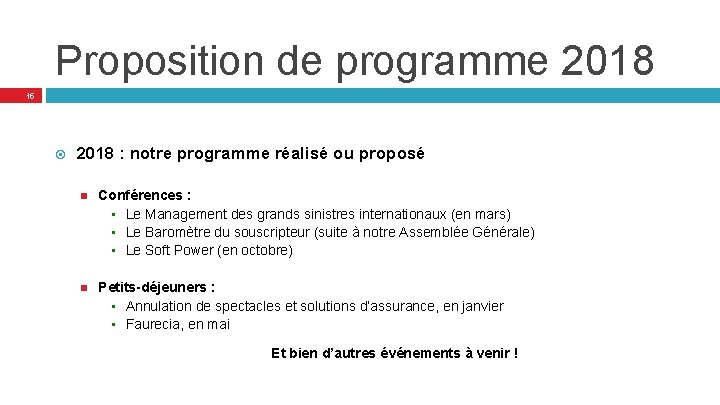 Proposition de programme 2018 15 2018 : notre programme réalisé ou proposé Conférences :