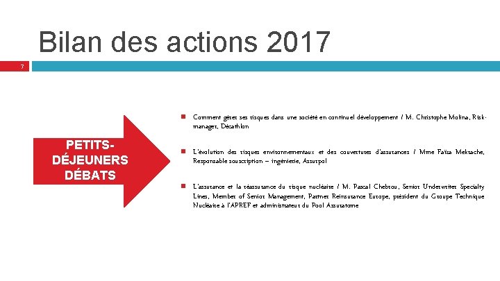 Bilan des actions 2017 7 PETITSDÉJEUNERS DÉBATS Comment gérer ses risques dans une société