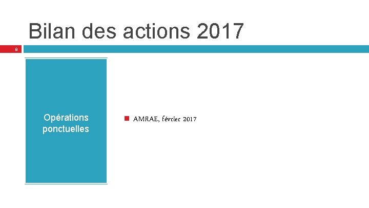 Bilan des actions 2017 8 Opérations ponctuelles AMRAE, février 2017 