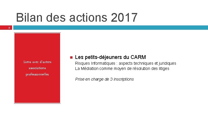 Bilan des actions 2017 9 Liens avec d’autres associations professionnelles Les petits-déjeuners du CARM