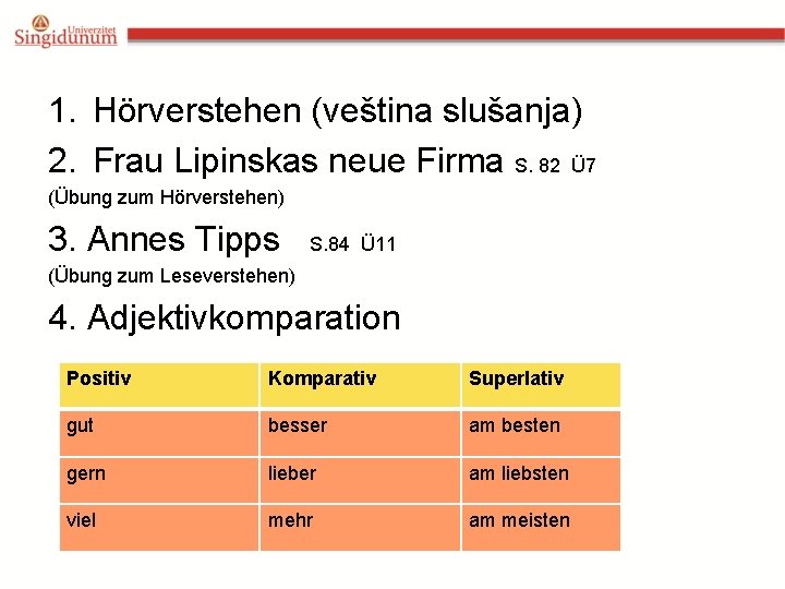 1. Hörverstehen (veština slušanja) 2. Frau Lipinskas neue Firma S. 82 Ü 7 (Übung