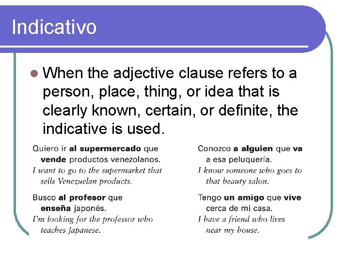 Indicativo l When the adjective clause refers to a person, place, thing, or idea