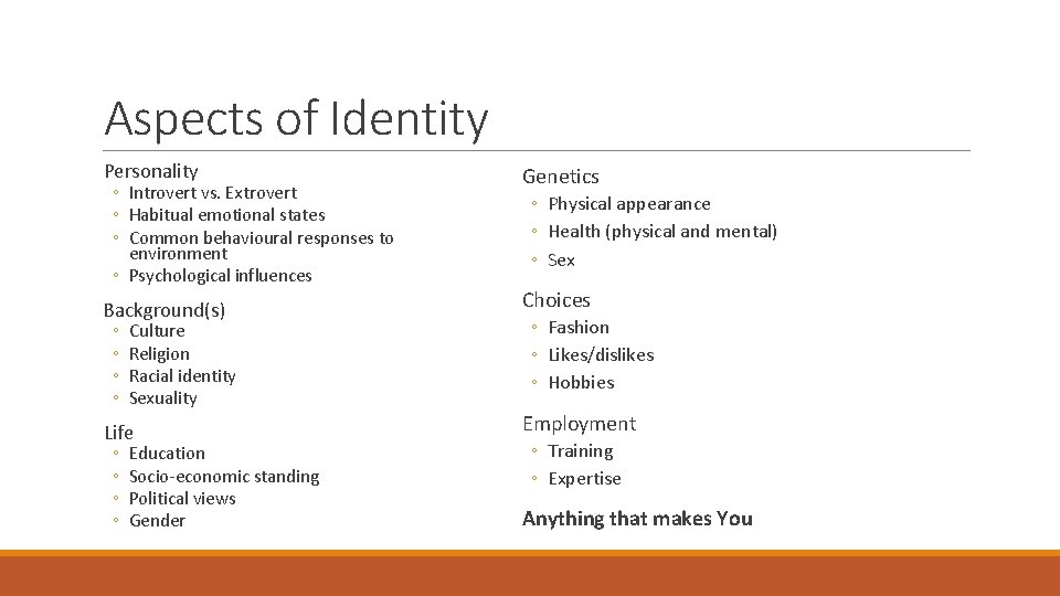 Aspects of Identity Personality ◦ Introvert vs. Extrovert ◦ Habitual emotional states ◦ Common