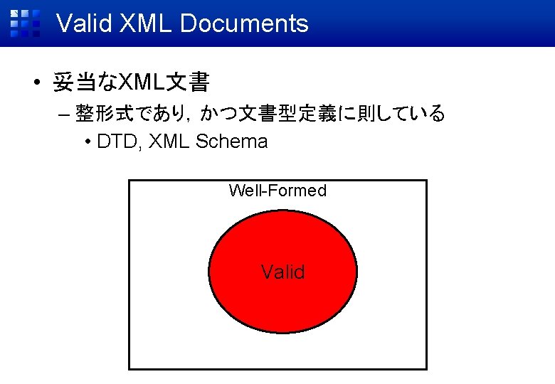Valid XML Documents • 妥当なXML文書 – 整形式であり，かつ文書型定義に則している • DTD, XML Schema Well-Formed Valid 