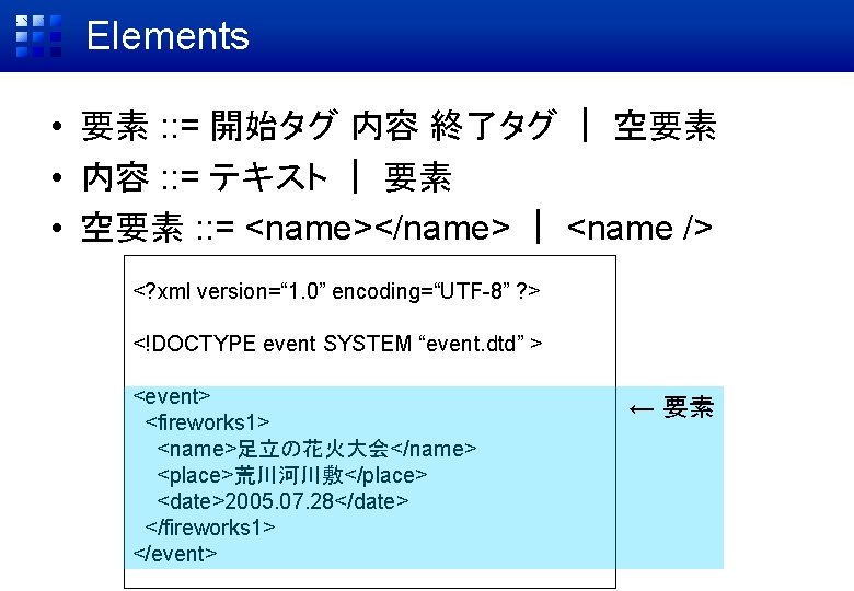 Elements • 要素 : : = 開始タグ 内容 終了タグ ｜ 空要素 • 内容 :