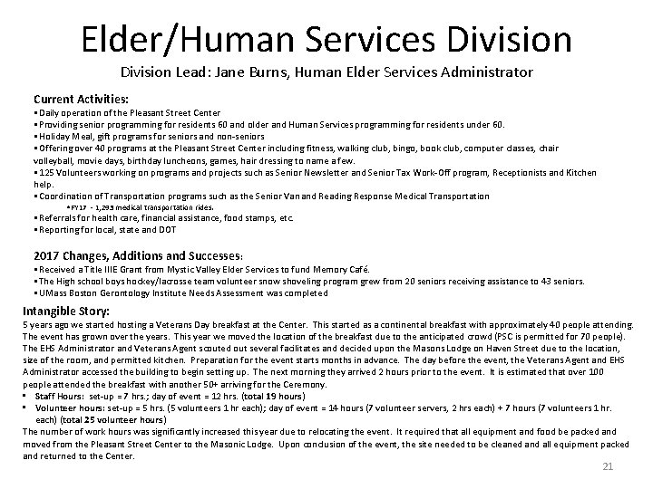 Elder/Human Services Division Lead: Jane Burns, Human Elder Services Administrator Current Activities: • Daily