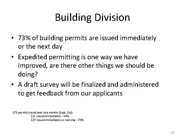 Building Division • 73% of building permits are issued immediately or the next day
