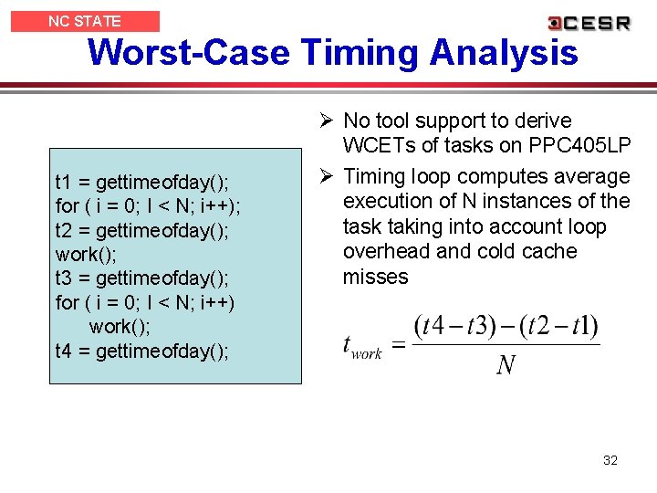 NC STATE UNIVERSITY Worst-Case Timing Analysis t 1 = gettimeofday(); for ( i =