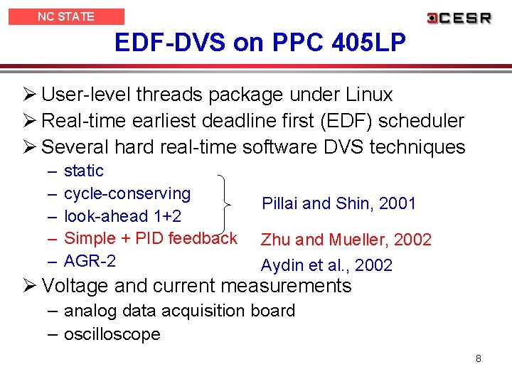 NC STATE UNIVERSITY EDF-DVS on PPC 405 LP Ø User-level threads package under Linux