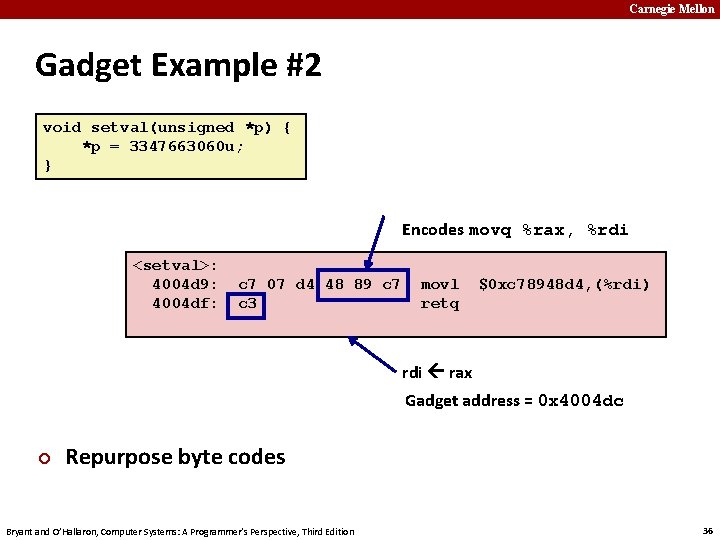 Carnegie Mellon Gadget Example #2 void setval(unsigned *p) { *p = 3347663060 u; }