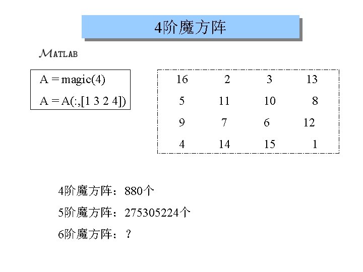 4阶魔方阵 A = magic(4) 16 2 3 13 A = A(: , [1 3