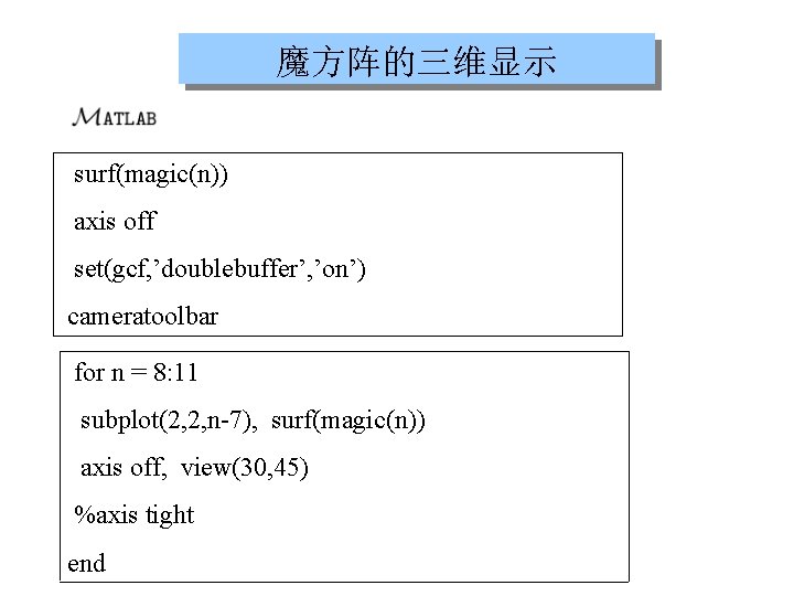 魔方阵的三维显示 surf(magic(n)) axis off set(gcf, ’doublebuffer’, ’on’) cameratoolbar for n = 8: 11 subplot(2,