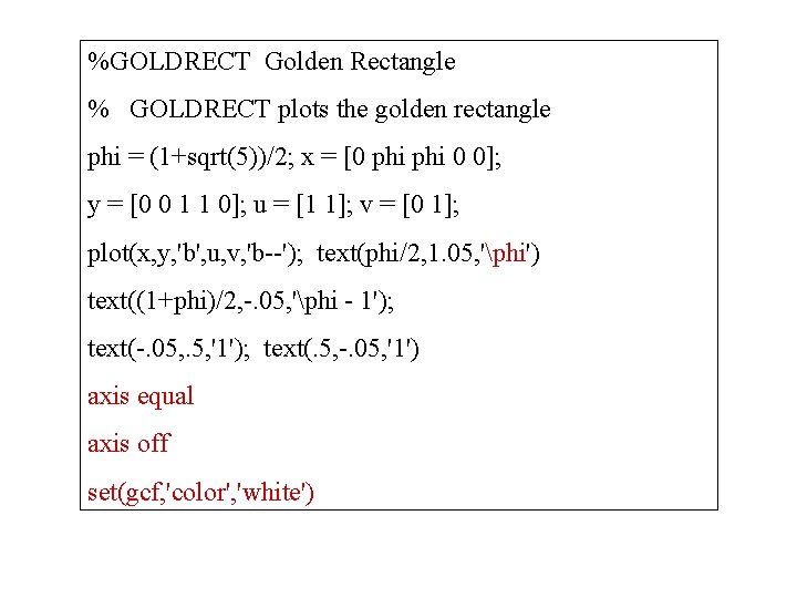 %GOLDRECT Golden Rectangle % GOLDRECT plots the golden rectangle phi = (1+sqrt(5))/2; x =