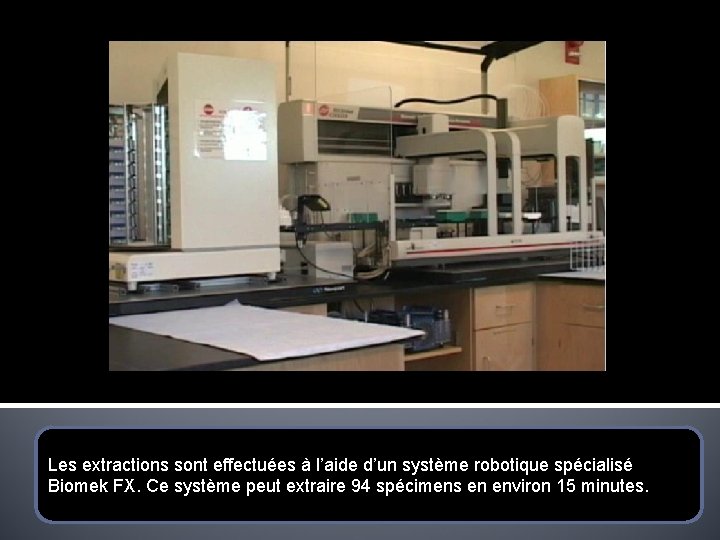 Les extractions sont effectuées à l’aide d’un système robotique spécialisé Biomek FX. Ce système
